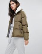 Missguided Khaki Padded Faux Shearling Collar Bomber Jacket - Green