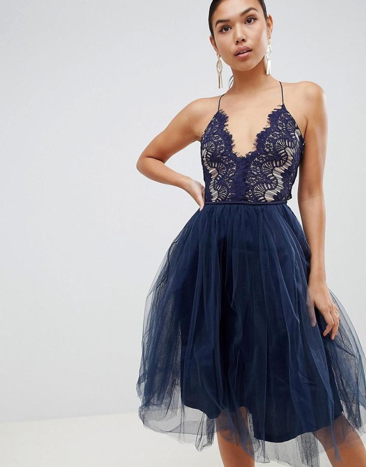 Rare London Scallop Lace Midi Tutu Dress - Navy