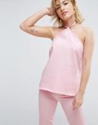 Chorus Halterneck Denim Frayed Hem Crop Top - Pink