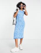Asos Design Knitted Midi Dress With Floral Pattern In Blue