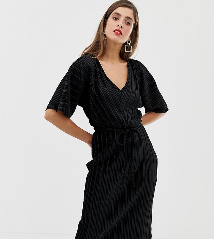 River Island Plisse T-shirt Dress With Tie Waist In Black Velvet - Black
