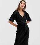 River Island Plisse T-shirt Dress With Tie Waist In Black Velvet - Black