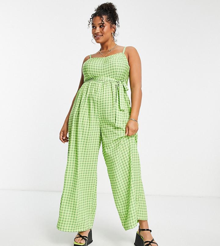 New Look Curve Tie Waist Jumpsuit In Green Gingham