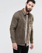 Asos Suedette Zip-up Shirt In Khaki With Long Sleeves - Khaki