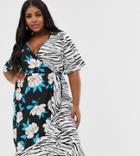 Influence Plus Midi Wrap Dress In Floral Zebra Print Mix - Blue