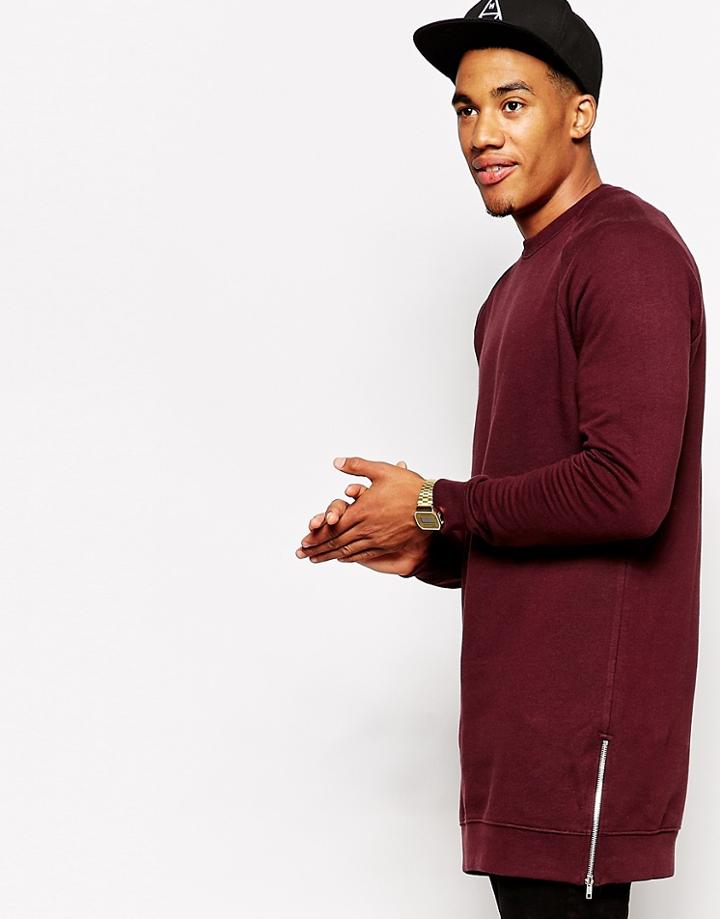 Asos Super Longline Sweatshirt With Zip Detail - Red