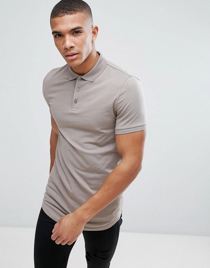 Asos Longline Muscle Polo With Curve Hem In Gray - Brown