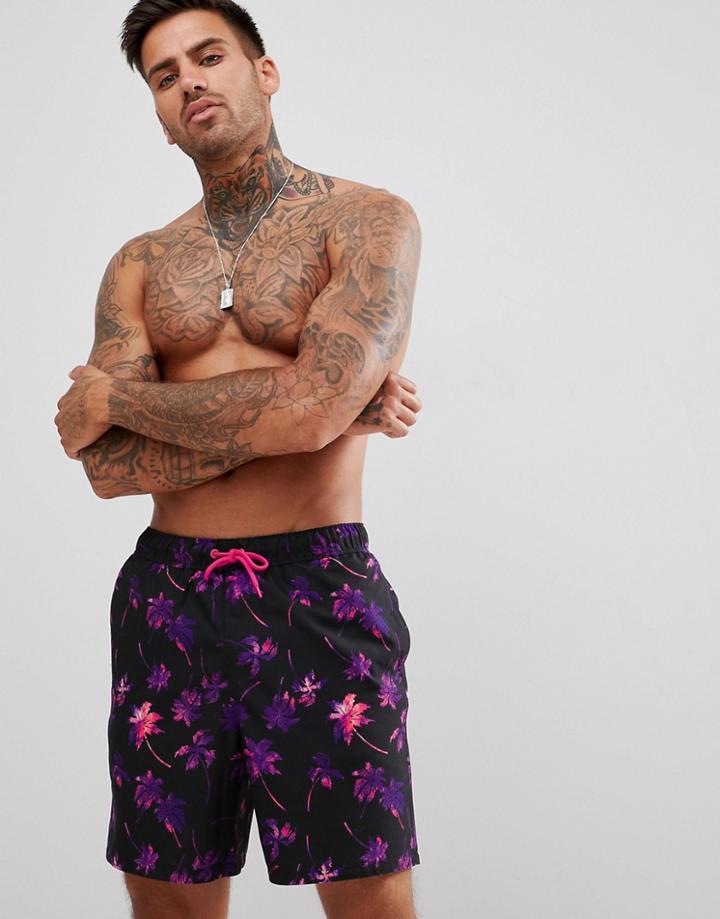 Asos Design Swim Shorts With Pink Palm Print In Mid Length - Black
