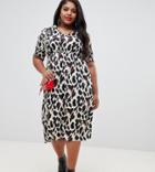 Influence Plus Shirred Sleeve Midi Dress With Button Front In Leopard Print - Brown