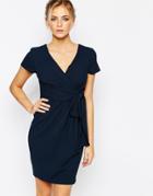 Closet Wrap Front Midi Dress With Tie Front - Navy