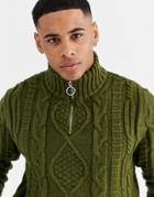 Asos Design Heavyweight Cable Knit Half Zip Sweater In Khaki-green