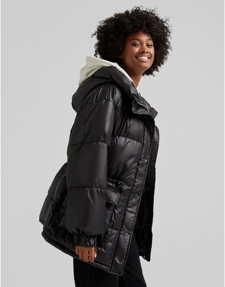 Bershka Oversized Nylon Padded Jacket With Hood In Black