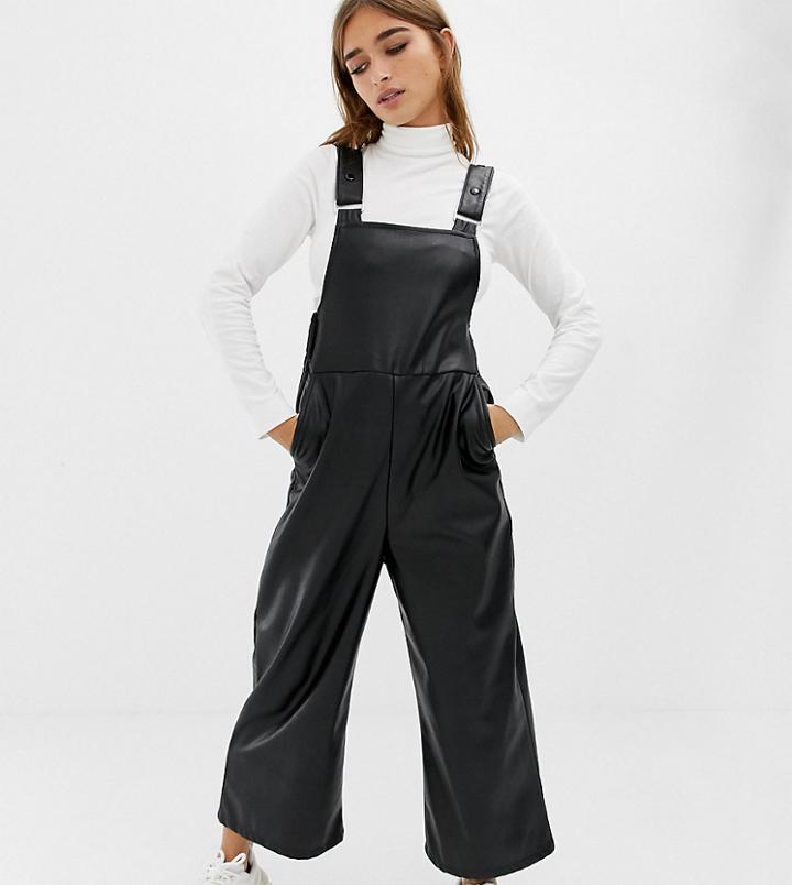 Collusion Petite Leather Look Overalls-black