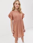 Asos Design Metallic Frill Sleeve Smock Dress-pink