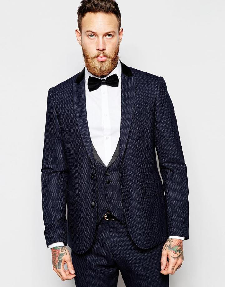 Asos Slim Suit Jacket In Polka Dot - Navy