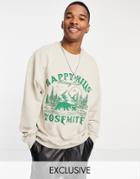 Reclaimed Vintage Inspired Oversized Organic Cotton Sweatshirt With Happy Hills Print In Stone-neutral