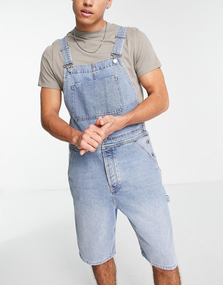 Topman Denim Shorts Overalls In Mid Wash Blue