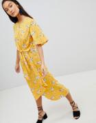 Influence Tie Front Midi Dress In Floral Print - Yellow