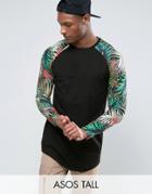 Asos Tall Super Longline Long Sleeve T-shirt With Floral Raglan And Curve Hem - Black