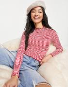Monki Organic Cotton Lettuce Edge Top In Red And White Stripe