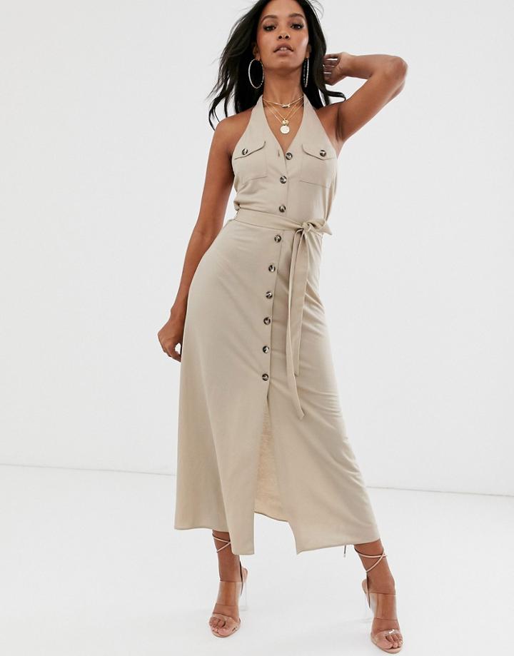Asos Design Utility Halterneck Maxi Dress-beige