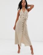 Asos Design Utility Halterneck Maxi Dress-beige