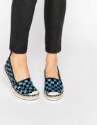 Love Moschino Checkerboard Woven Espadrille Flat Shoes - Blue