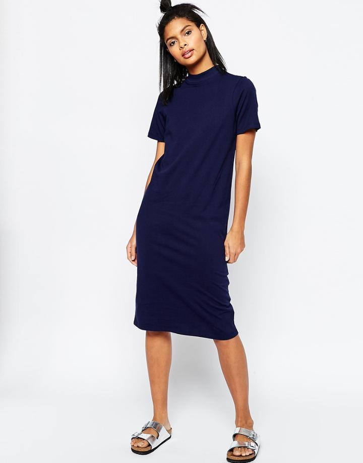 Asos Midi T-shirt Dress With High Neck - Navy