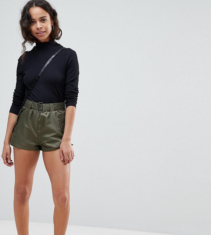 Asos Petite Belted Runner Shorts In Sporty Nylon - Green