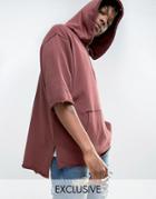 Mennace Oversized Hoodie With Short Sleeves And Zip Detail In Burgundy