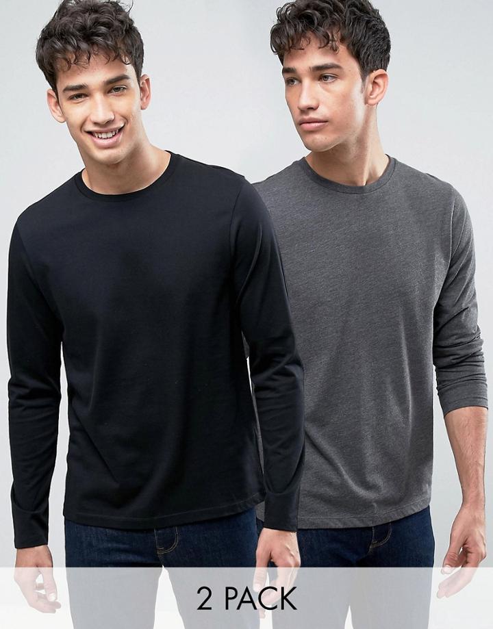 Asos 2 Pack Long Sleeve T-shirt In Black/charcoal Marl Save - Multi
