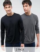 Asos 2 Pack Long Sleeve T-shirt In Black/charcoal Marl Save - Multi