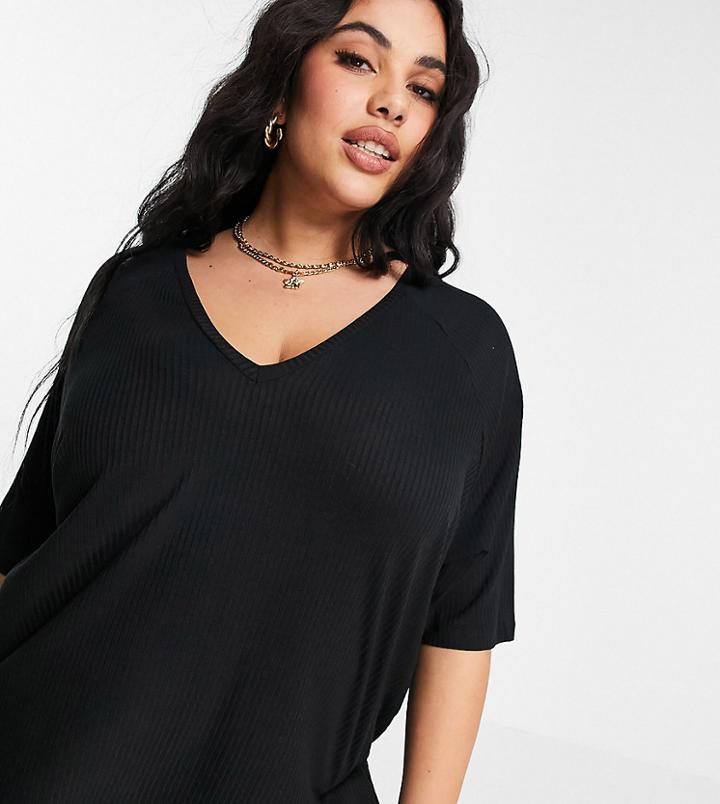 Asos Design Curve Oversized Top With V Neck In Drapey Rib In Black