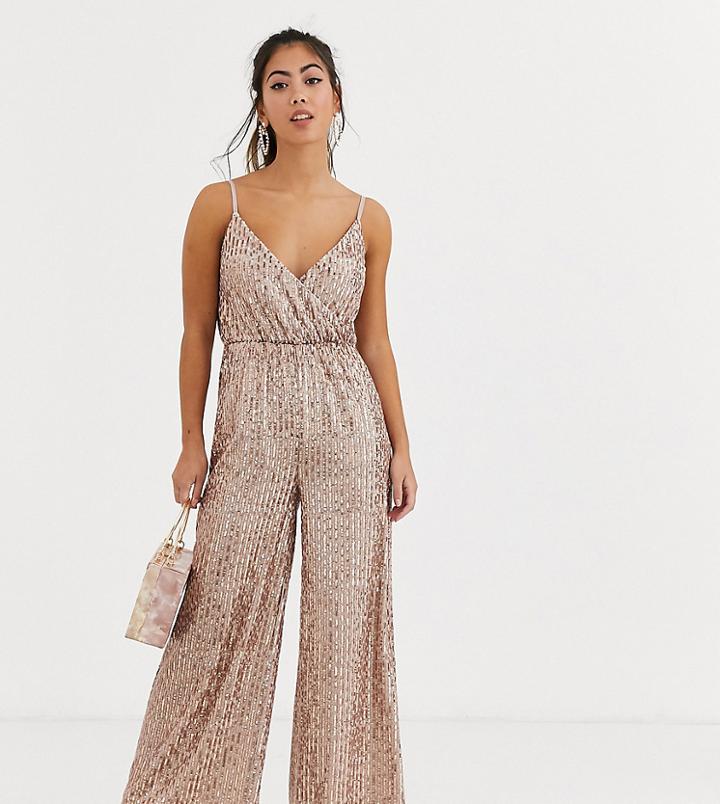 Little Mistress Petite Sequin Jumpsuit In Mink-pink