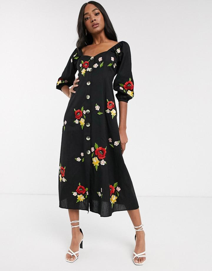 Asos Design Embroidered Button Through Maxi Dress-black