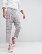 Asos Design Tapered Smart Pants In Light Gray Wool Mix Wiith Red Check - Gray