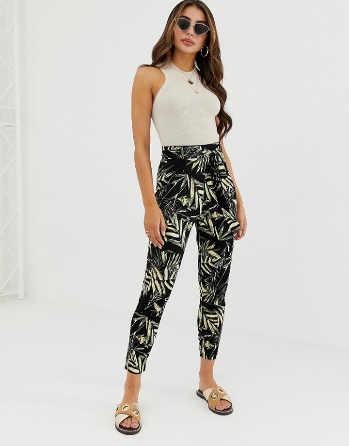 Asos Design Tie Waist Peg Pants In Tropical Palm Print - Multi