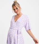 Asos Design Maternity Nursing Ditsy Wrap Top With Tie Detail In Lilac-purple