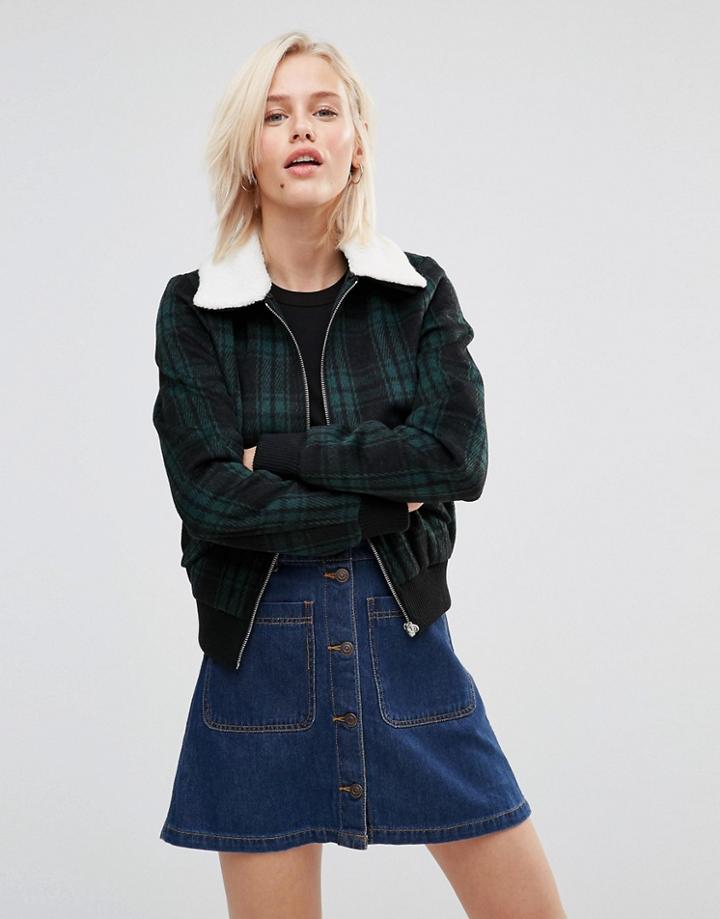 Brave Soul Checked Wool Mix Coat With Faux Shearling Trim - Black