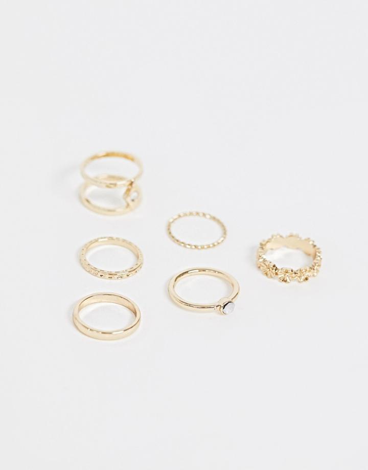 Asos Design Pack Of 6 Rings In Engraved And Floral Design With Crystal In Gold - Gold