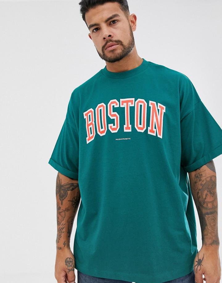 Asos Design Oversized T-shirt With City Print And Roll Sleeve In Green