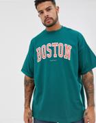 Asos Design Oversized T-shirt With City Print And Roll Sleeve In Green
