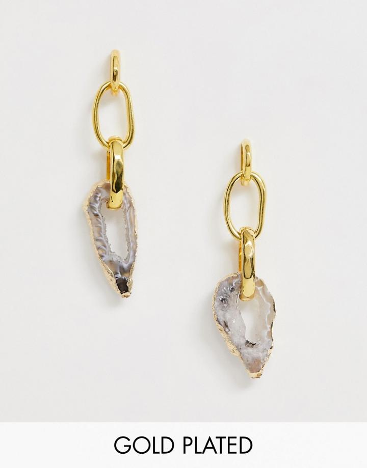 Asos Design Premium Gold Plated Earrings With Hardware Links And Semi-precious Natural Agate Stone - Gold
