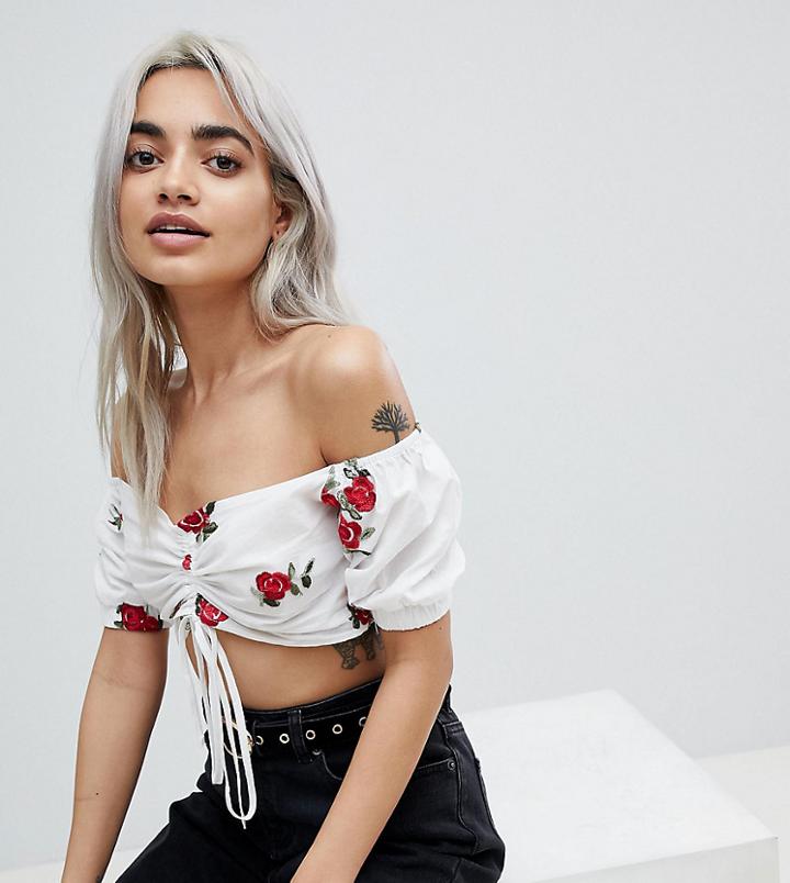 Fashion Union Petite Bardot Crop Top With Floral Embroidery - White