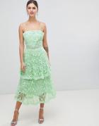 True Decadence Square Neck Cami Strap Midi Lace Dress With Ruffle Layered Skirt - Green