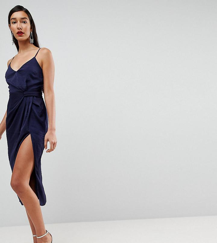 Asos Tall Hammered Satin Strappy Pencil Midi Dress - Navy