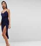 Asos Tall Hammered Satin Strappy Pencil Midi Dress - Navy