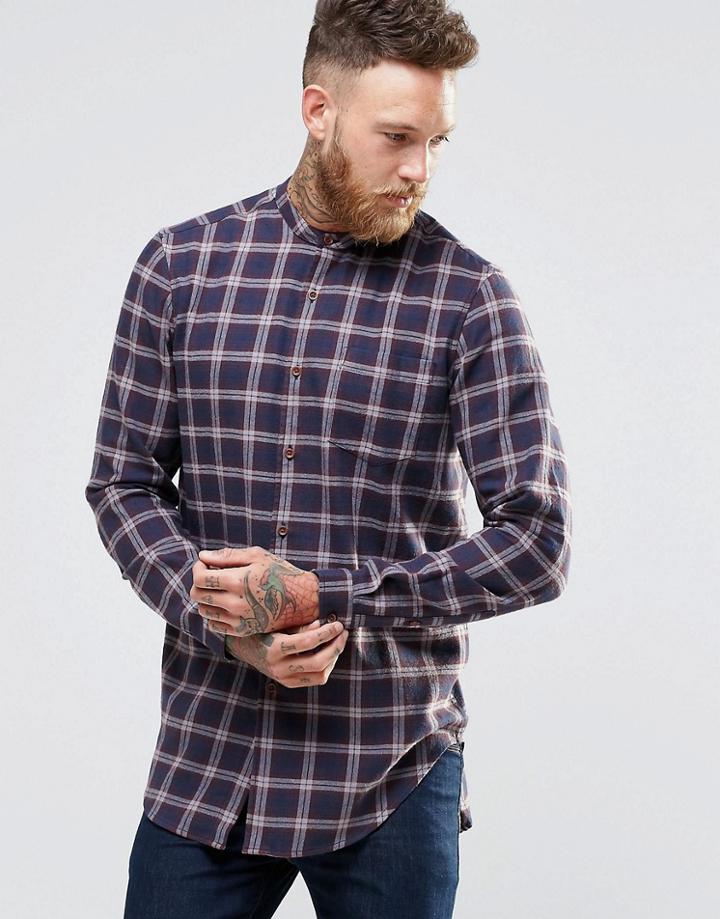 Asos Longline Check Shirt In Navy With Grandad Collar In Regular Fit - Navy