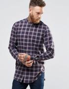 Asos Longline Check Shirt In Navy With Grandad Collar In Regular Fit - Navy