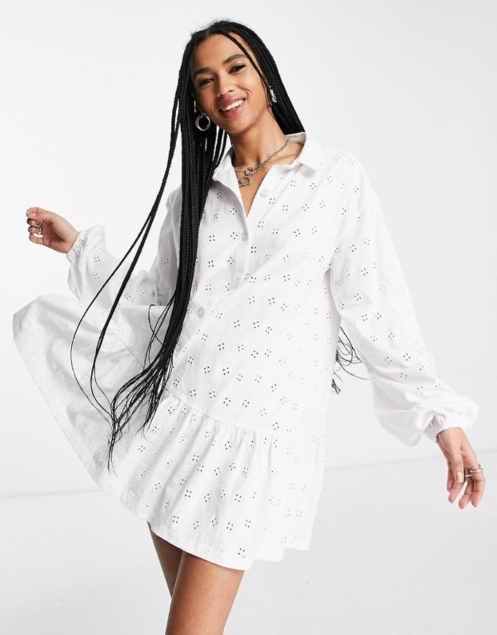 Asos Design Eyelet Long Sleeve Mini Shirt Dress In White